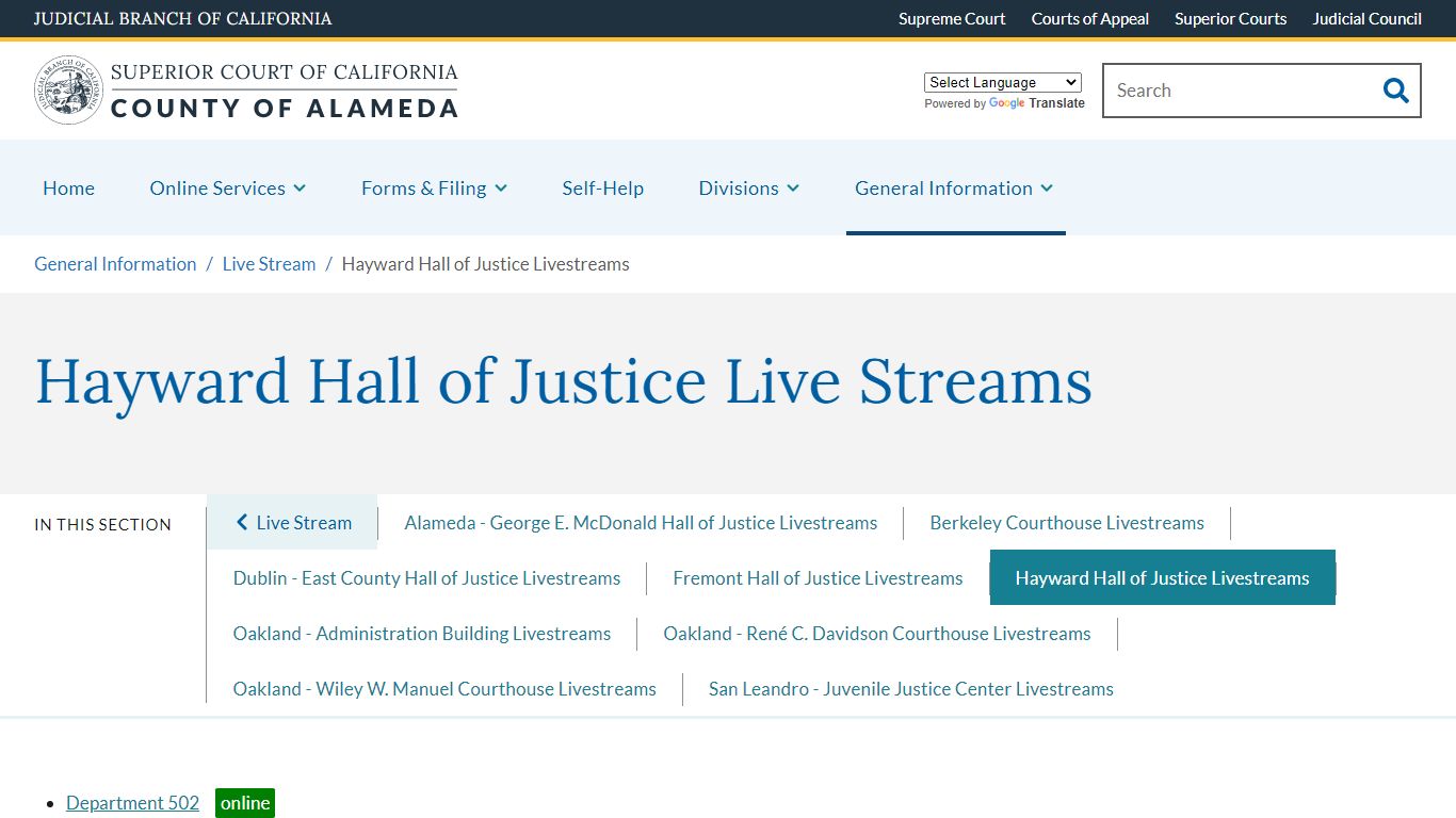 Hayward Hall of Justice Live Streams - Alameda County Superior Court